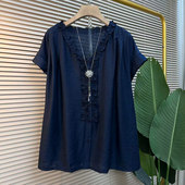 加肥女V领荷叶边短袖 小衫 胖妹妹纯色简约宽松遮肚子百搭休闲上衣