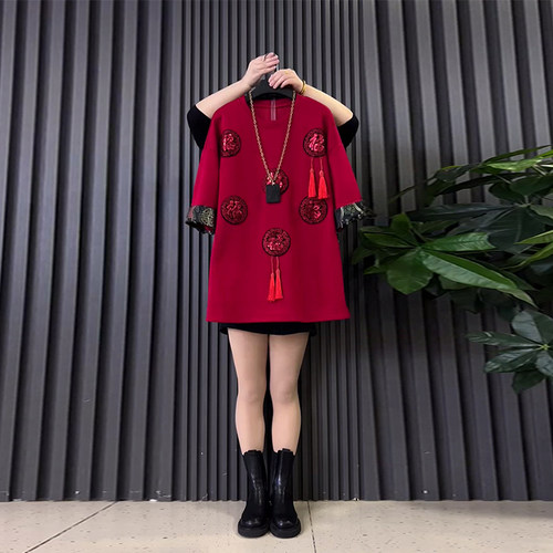 亮片福字圆领短袖国风上衣