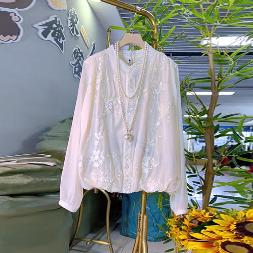 大码女装圆领长袖暗花小衫