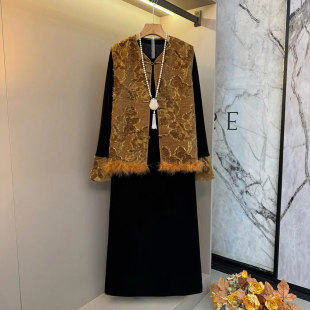 半身裙复古风时尚 大码 口打底衫 毛毛底摆暗花马甲拼色袖 三件套 女装