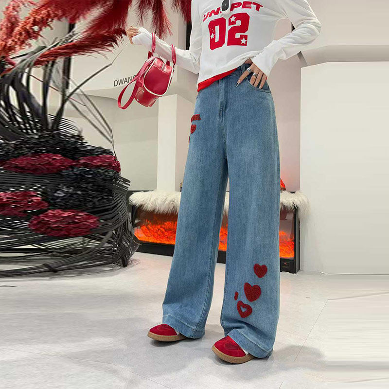 胖妹妹后腰松紧植绒爱心阔腿裤宽松大码女装欧洲站减龄显瘦牛仔裤,女装/女士精品,大码裤装,淘宝优惠券,粉丝福利购,淘宝优惠卷