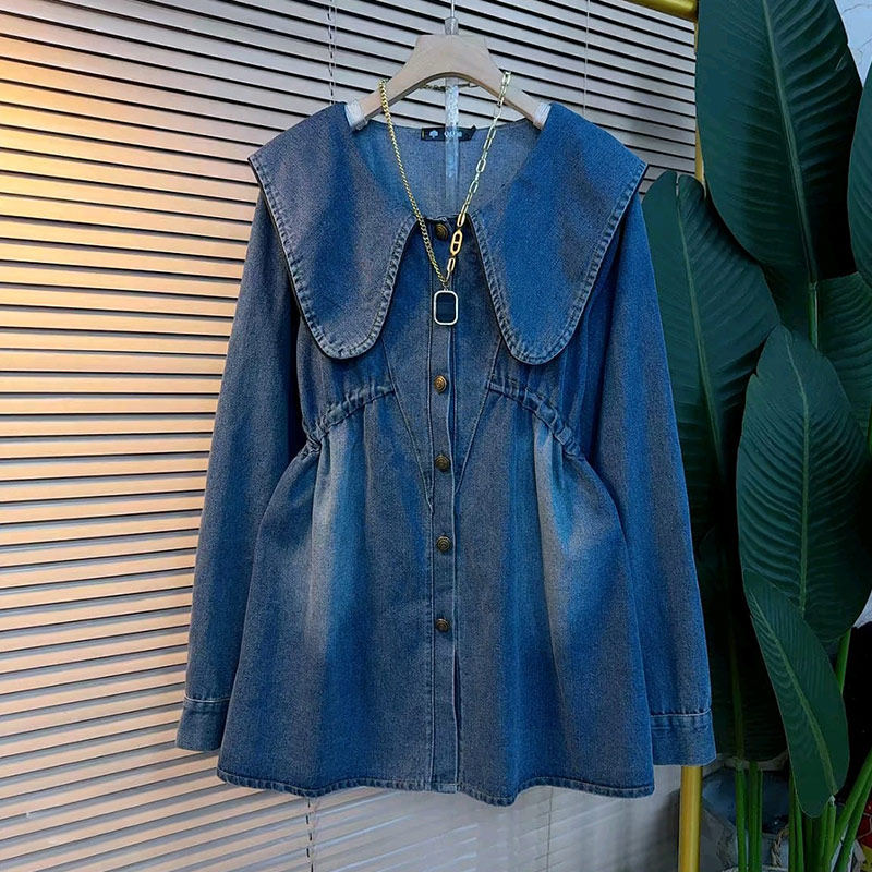 加肥女娃娃领长袖收腰牛仔裙胖妹妹中长款欧洲站春秋款洋气连衣裙