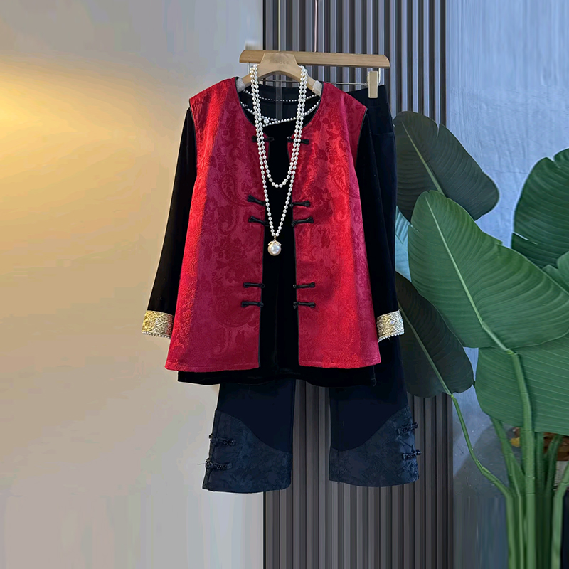 盘扣暗花国风马甲小衫裤子