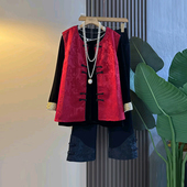 女装 盘扣暗花国风马甲拼色袖 口小衫 大码 胖妹妹百搭松紧腰黑色裤 子