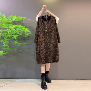 胖MM圆领长袖豹纹连衣裙宽松遮肚子大码女装欧洲站中长款显瘦裙子