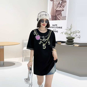 女装 链条数字图案短袖 上衣宽松遮肚子胖MM韩版 大码 减龄休闲T恤衫