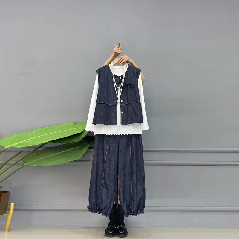 胖MM加肥圆领开衫马甲长袖打底衫束脚长裤欧货大码女装春秋三件套