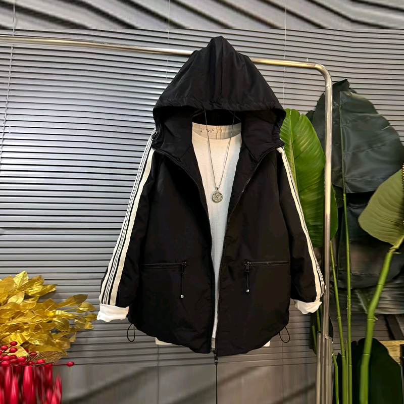 大码女装连帽拼色条长袖棉服