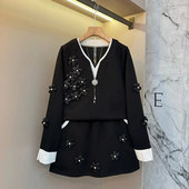 减龄2026新款 拼色领花朵上衣短裙胖妹妹韩版 休闲两件套 女装 加大码