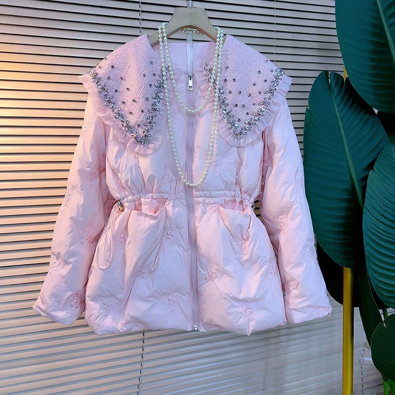 亮钻娃娃领荷叶边长袖棉服外套