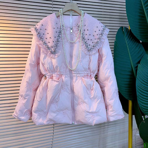 亮钻娃娃领荷叶边长袖棉服外套