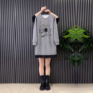 加肥亮钻字母后腰抽绳连衣裙宽松遮肚子韩版简约胖MM中长款休闲裙