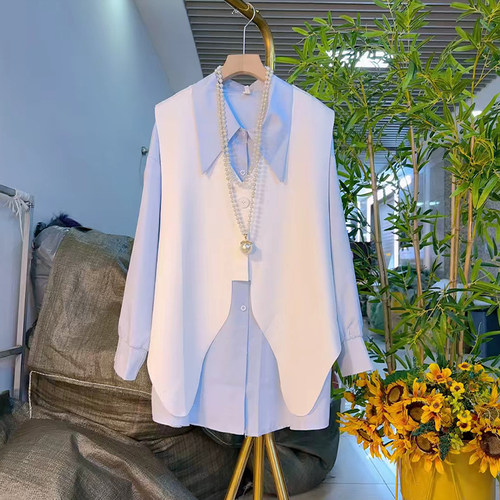 翻领长袖衬衫V领不规则底摆马甲