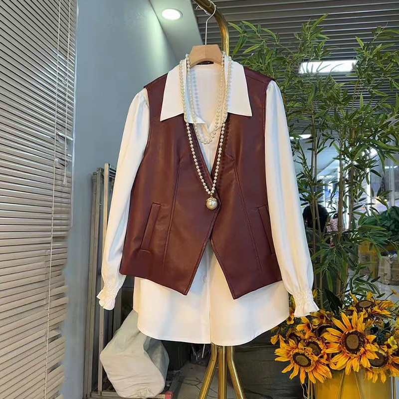 加肥大码女装V领PU皮马甲胖妹妹秋季款简约百搭休闲翻领长袖衬衫