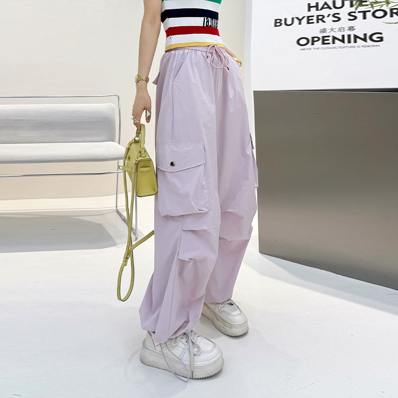 胖妹妹松紧腰侧兜工装长裤2026春秋款大码女装甜美糖果色休闲裤子
