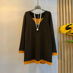黑色百搭显瘦大衫 女装 假两件上衣宽松遮肚子大码 胖妹妹拼色领长袖