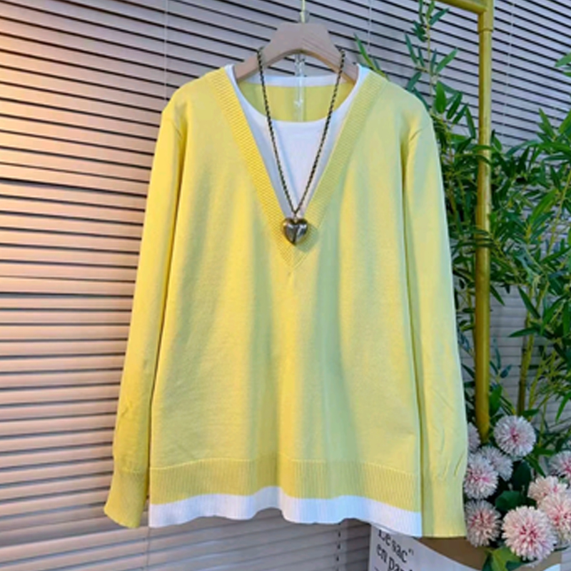 V领拼色底摆长袖假两件上衣