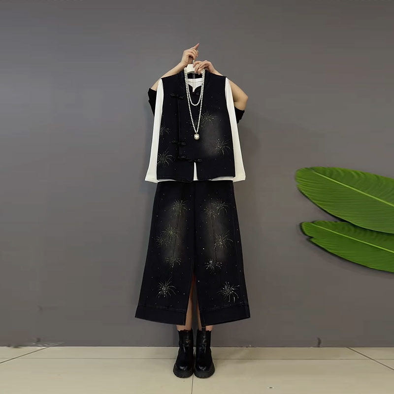 大码女装立领盘扣马甲打底衫阔腿牛仔长裤胖妹妹欧洲站休闲三件套