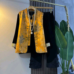 女装 脚裤 拼色袖 胖妹妹暗花裤 子 口小衫 加肥复古风圆领盘扣马甲大码