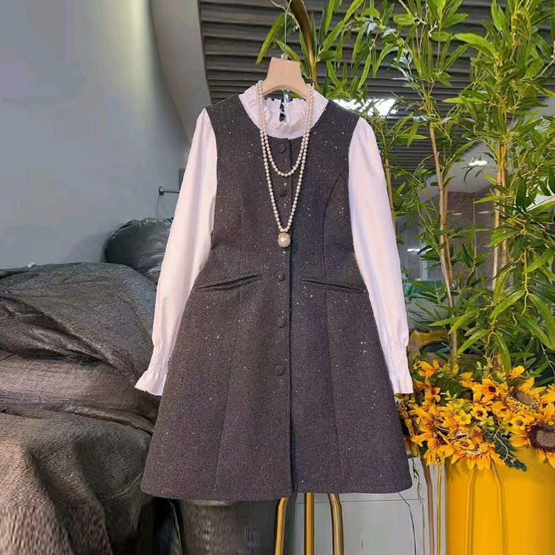 胖MM显瘦荷叶领长袖打底衫收腰马甲裙加肥大码女装气质减龄两件套