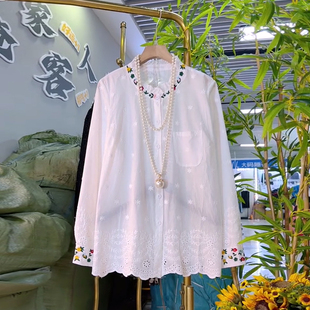 胖MM加肥立领彩色花朵袖 白色简约大码 女装 宽松小众设计上衣 口小衫