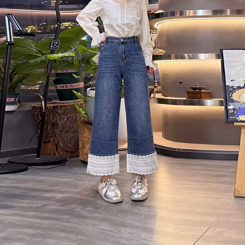 加肥女拼蕾丝裤脚阔腿牛仔裤胖妹妹宽松遮胯欧洲站减龄百搭九分裤,女装/女士精品,大码裤装,淘宝优惠券,粉丝福利购,淘宝优惠卷