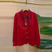 小众设计新年款 加肥胖妹妹亮钻翻领长袖 百搭上衣 女装 法式 衬衫 大码