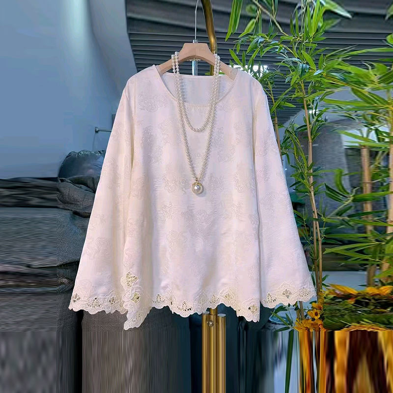 大码女装圆领长袖暗花小衫