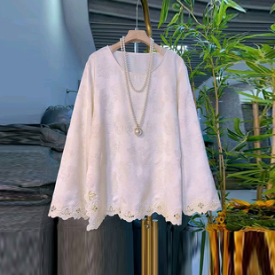 新中式 胖MM加肥圆领长袖 女装 宽松遮肚子大码 洋气百搭上衣 暗花小衫