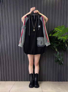 大码女装拼接牛仔长袖卫衣