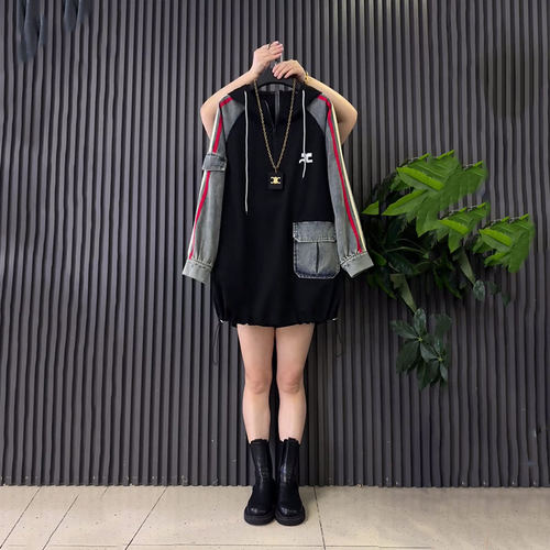 大码女装拼接牛仔长袖卫衣