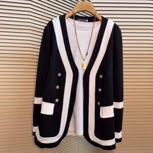 大码 开衫 女装 2026休闲百搭简约上衣长袖 拼接撞色外套 早秋新款 韩版