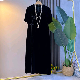 法式 女装 复古风气质洋气显瘦连衣裙 旗袍裙大码 加肥立领斜盘扣短袖