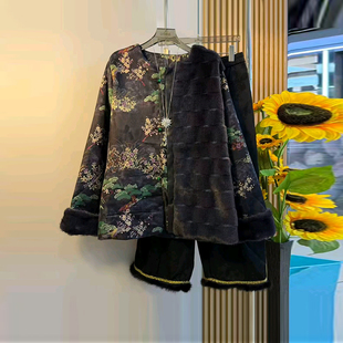 胖MM加肥拼色条裤脚裤子大码女装冬季款复古风拼毛毛花纹AB版外套