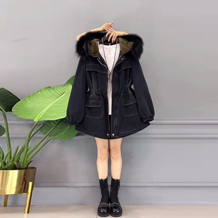 秋冬款 女装 保暖上衣 收腰牛仔棉服纹外套加肥大码 胖MM毛领连帽长袖