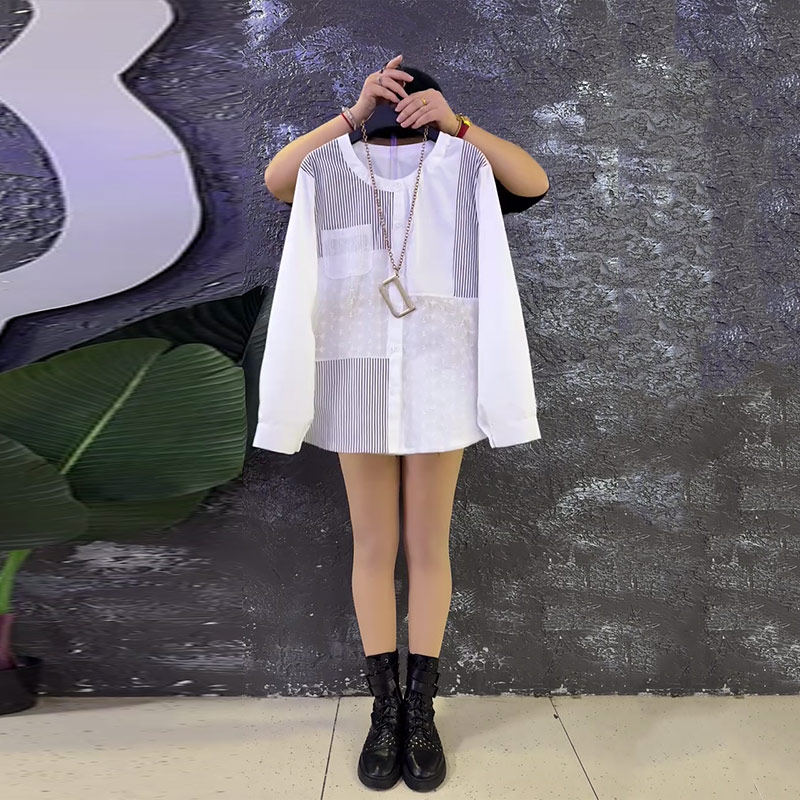 加肥女圆领长袖拼色条衬衫大码女装宽松遮肚子胖妹妹韩版休闲上衣,女装/女士精品,大码内搭,淘宝优惠券,粉丝福利购,淘宝优惠卷