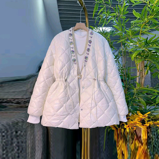 加肥V领亮钻边收腰菱形格棉服宽松显瘦大码 洋气百搭保暖外套 女装