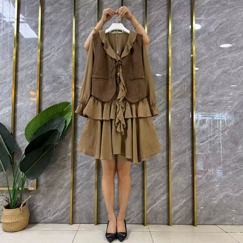 加大码女装V领马甲长袖荷叶领连衣裙胖妹妹气质轻熟风显瘦两件套