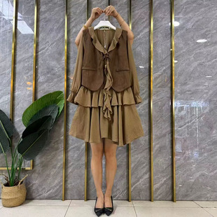 加大码女装V领马甲长袖荷叶领连衣裙胖妹妹气质轻熟风显瘦两件套