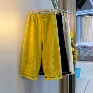 脚暗花长裤 松紧腰暗花裤 胖MM法式 小众设计新中式 子 大码 洋气裤 女装