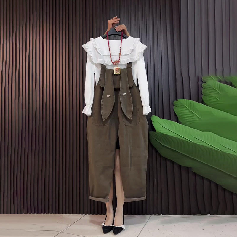 加大码女装兔耳背带长裤胖妹妹韩版学院风减龄百搭娃娃领长袖衬衫