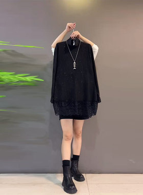 胖妹妹加肥立领拼接蕾丝底摆上衣大码女装黑色显瘦秋季款百搭大衫