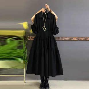 气质通勤风显瘦黑色裙子潮 女装 胖妹妹加肥翻领长款 收腰连衣裙大码