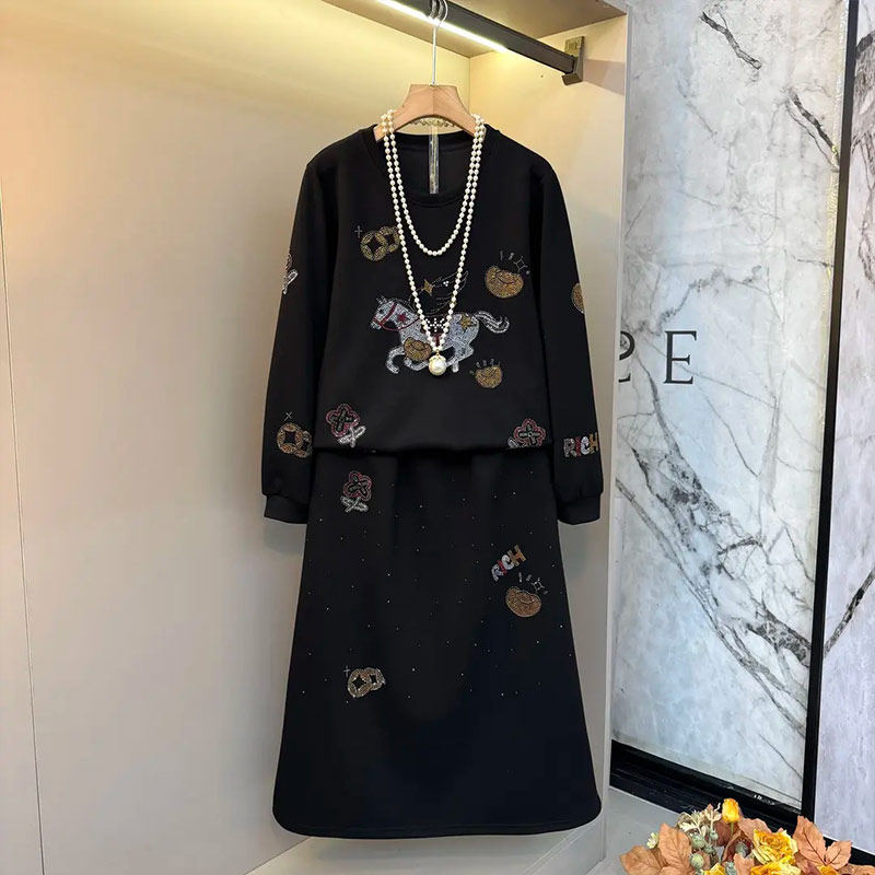 大码女装亮钻图案长袖上衣半身裙胖妹妹黑色显瘦学院风休闲两件套,女装/女士精品,大码套装,淘宝优惠券,粉丝福利购,淘宝优惠卷