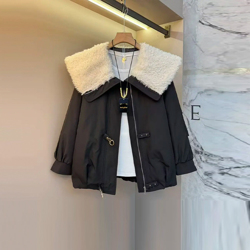 大码女装毛毛翻领长袖棉服