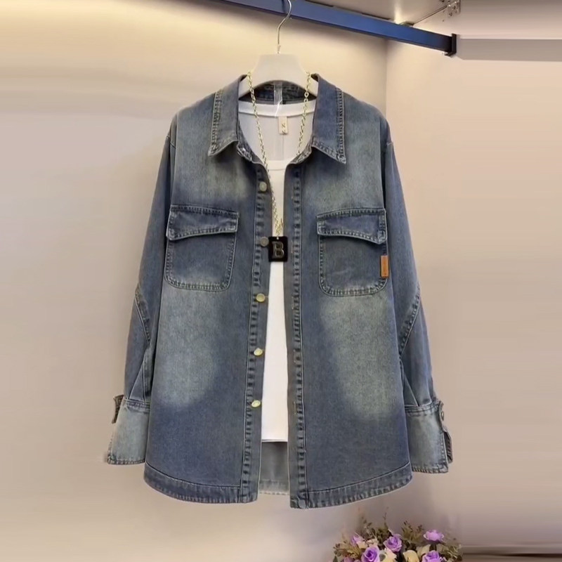 加大码女装翻领双兜长袖牛仔外套胖妹妹欧洲站春秋款百搭休闲上衣