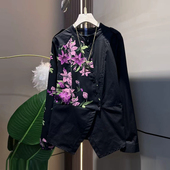 前开叉上衣大码 女装 秋冬款 胖妹妹拼色花朵长袖 洋气复古风百搭小衫