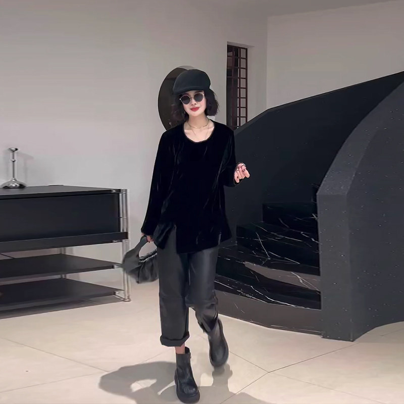 法式胖妹妹侧开叉丝绒上衣加肥大码女装宽松百搭秋冬款复古风小衫,女装/女士精品,大码内搭,淘宝优惠券,粉丝福利购,淘宝优惠卷