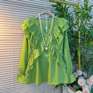 小衫 V领荷叶肩长袖 小众设计淑女风高级感胖妹妹百搭上衣 女装 大码