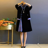 胖MM盘扣撞色复古风时尚 连衣裙 中长款 显瘦改良旗袍裙加肥大码 女装